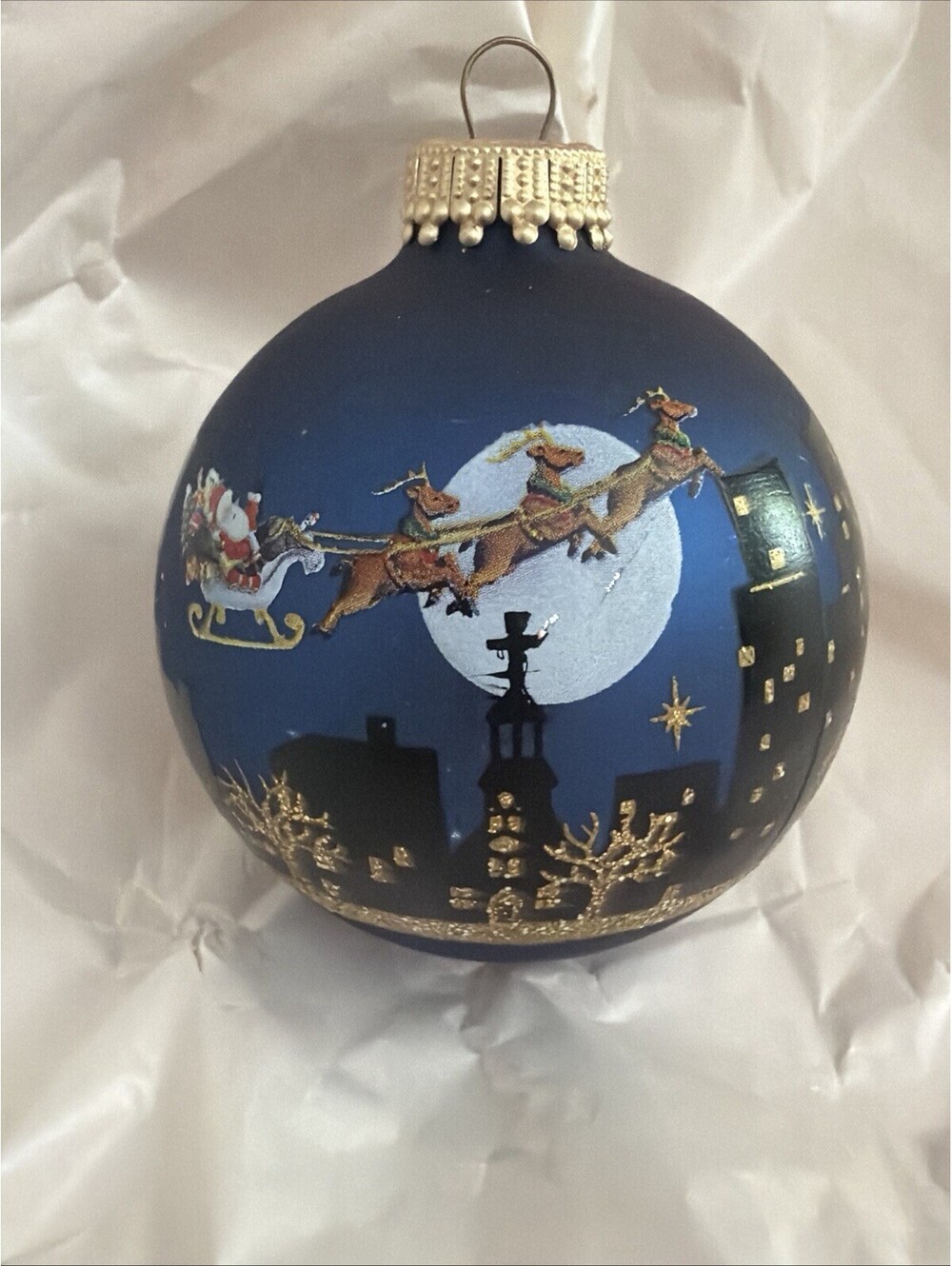 Krebs City Skyline Santas Flight Glass Blue Christmas Ornament Ball Bulb Scene